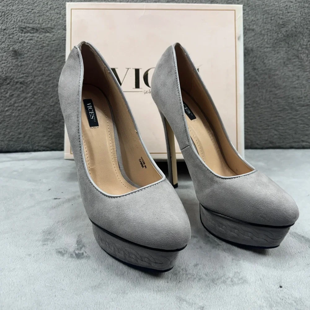 Vices Grey‎ Faux Suede Platform Pumps Stiletto Heels 1167-5 Size 37